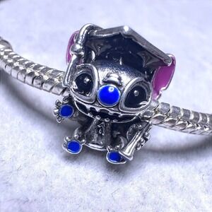 Disney‎ Stitch Graduation Bead Silver Blue Enamel Dangle Charm fit PANDORA